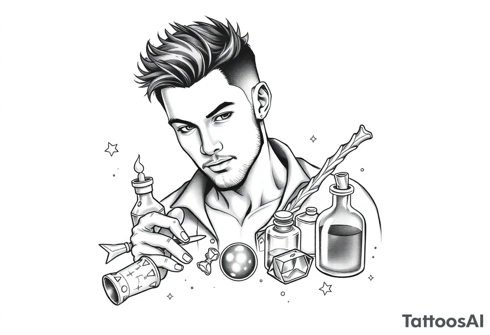 Handsome young adult guy is  accidentally stumbled upon witch tools, supplies, artifacts, potions tattoo idea