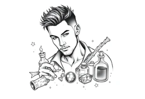 Handsome young adult guy is  accidentally stumbled upon witch tools, supplies, artifacts, potions tattoo idea