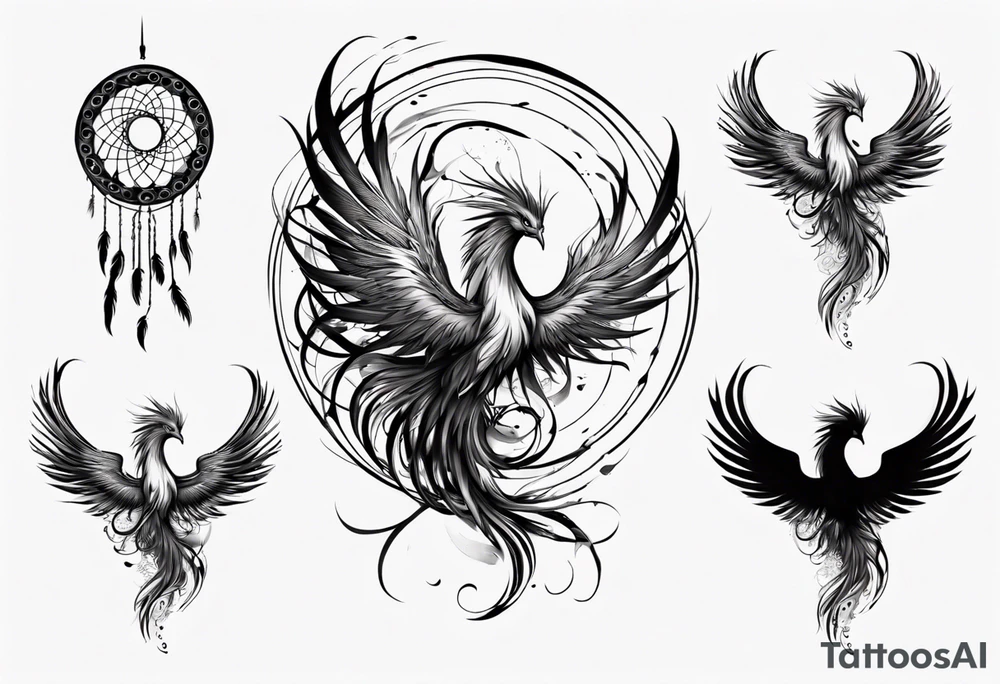 Vertical angry flying Phoenix with wings blending into circles and a long abstract dream catcher feather tail tattoo idea