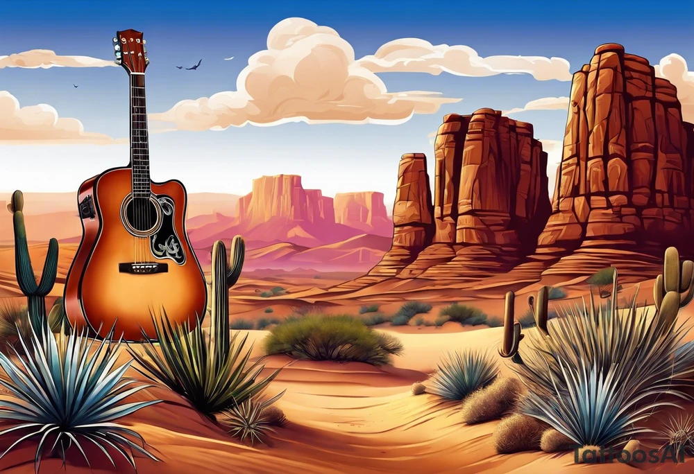 Desert scape. Guitar playing. tattoo idea