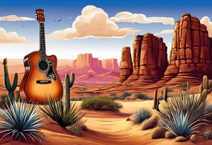 Desert scape. Guitar playing. tattoo idea