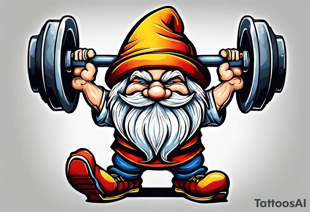 Strong old yard gnome lifting dumbells tattoo idea