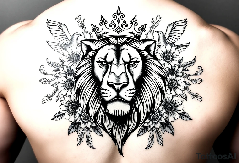 powerful majestic lion with a crown, surrounded by floral ornaments and birds tattoo idea