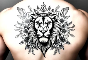 powerful majestic lion with a crown, surrounded by floral ornaments and birds tattoo idea