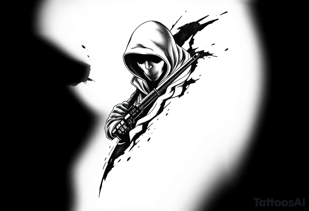 Minimalist covert operative symbolism representing loyalty and survival, faceless soldier silhouette emerging from darkness, torn fabric, subtle scars, controlled posture, black and grey realism, emotional restraint, understated strength, tattoo sleeve element. tattoo idea