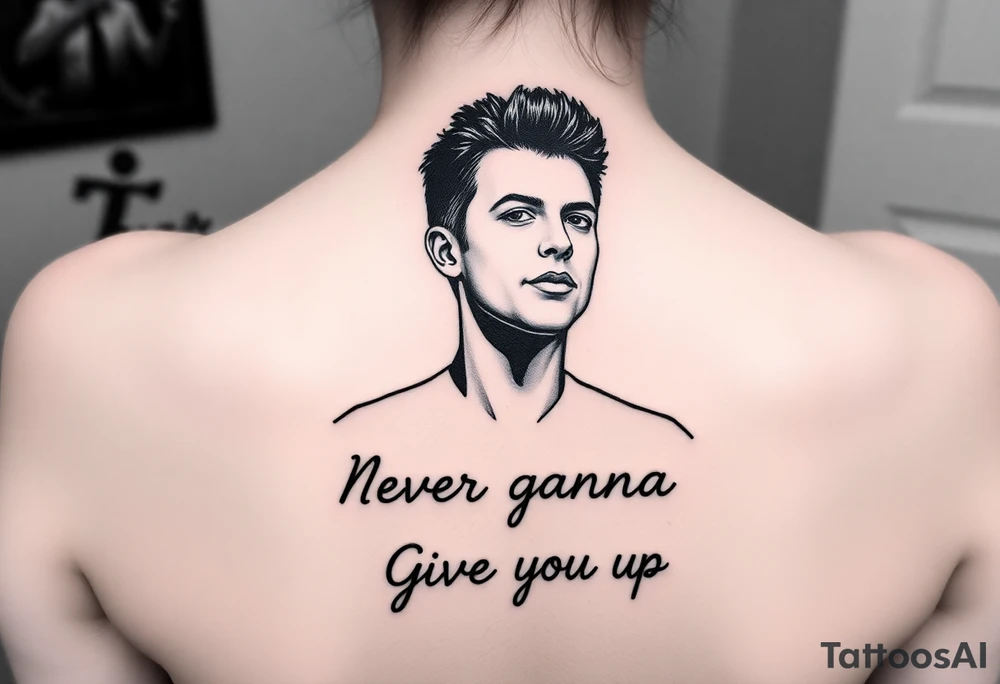 Rick Astley outline with text Never Gonna Give You Up tattoo idea