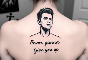 Rick Astley outline with text Never Gonna Give You Up tattoo idea