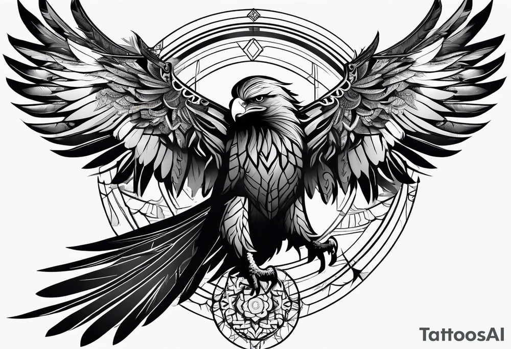 tribal eagle morphed with phoenix and human figure. dream catcher feathers. rebirth. light realm. tattoo idea