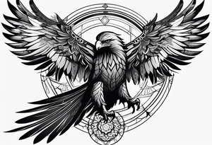 tribal eagle morphed with phoenix and human figure. dream catcher feathers. rebirth. light realm. tattoo idea