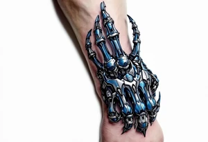 A blue and silver exoskeletal structure integrated with the hand’s contours, mimicking robotic dexterity. tattoo idea