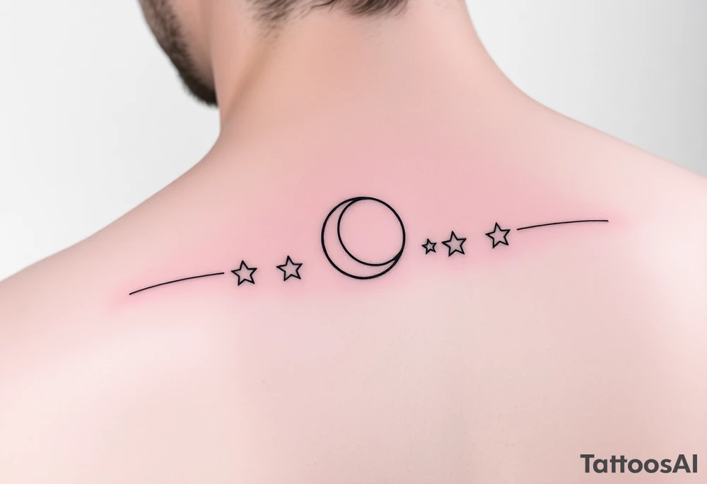Minimalist fine line tattoo on arm, ornamental stars and moon, whimsical tattoo idea