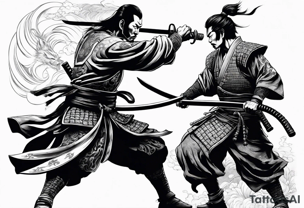 samurai warrior defeating a demon in a 1 on 1 duel and beheading the demon tattoo idea