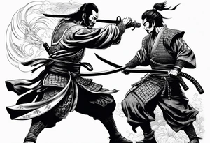 samurai warrior defeating a demon in a 1 on 1 duel and beheading the demon tattoo idea