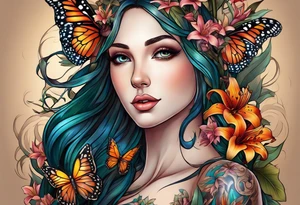 Portrait full length of Wood nymph made or bark and branches standing upright.  Butterflies in background. Lillies near her feet with colorful vegetation. tattoo idea