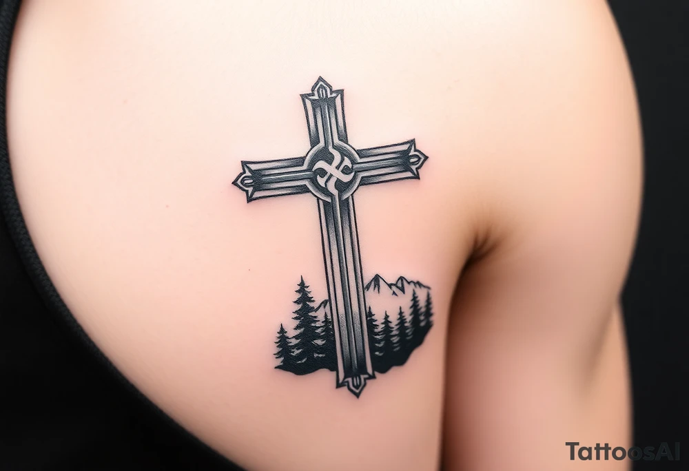 russian orthodox cross with the diagonal line at the bottom with a light forrest with a light mountainous setting tattoo idea