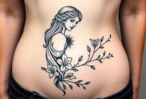 large tattoo that includes greek themed scenery and a greek goddess and also features lily flowers and dainty vines tattoo idea