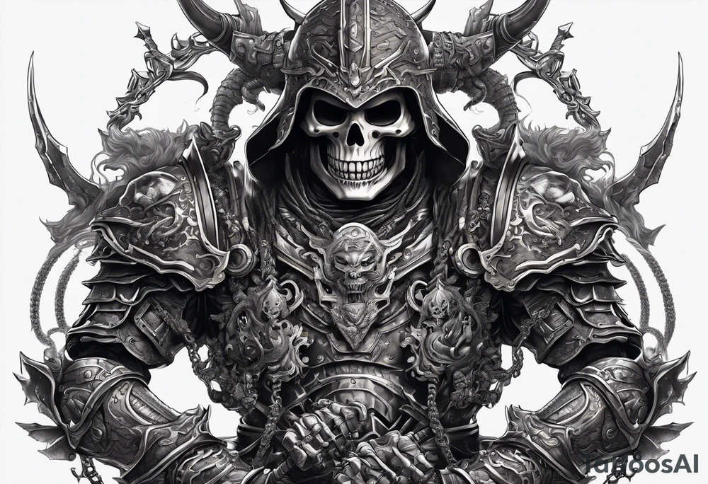 Angry skeleton Modern robot ninja with demon mask with swords in hands fighting dragon tattoo idea