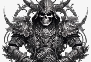 Angry skeleton Modern robot ninja with demon mask with swords in hands fighting dragon tattoo idea