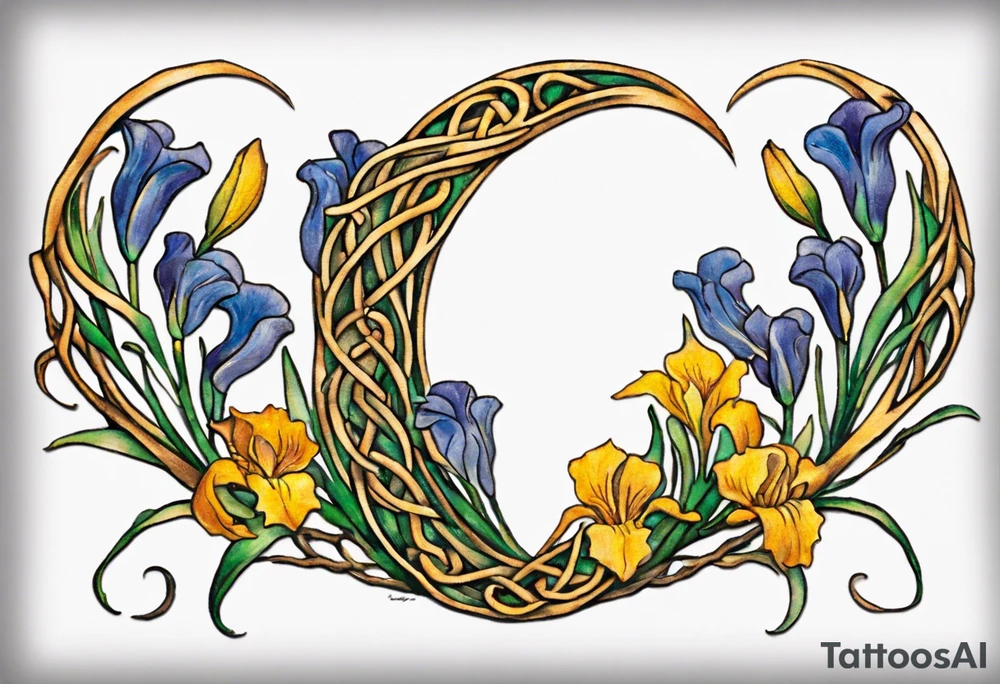 Create a small, delicate colorful Vincent van Gogh Irises tattoo in the form of a crescent, with vines or Celtic knots gracefully intertwining at a central point in the middle of the wreath.  In the middle of the wreath are mountains and other items found in New Mexico. Ensure that the design avoids the appearance of a bush and maintains a more structured and deliberate arrangement. The intended placement is on the upper chest. The overall design should be small in size while maintaining a delicate and artistic aesthetic. Pay attention to the graceful flow of the vines and the placement of the irises to achieve a refined and elegant look. Has to cover 2 by 4 inches wing tattoos tattoo idea