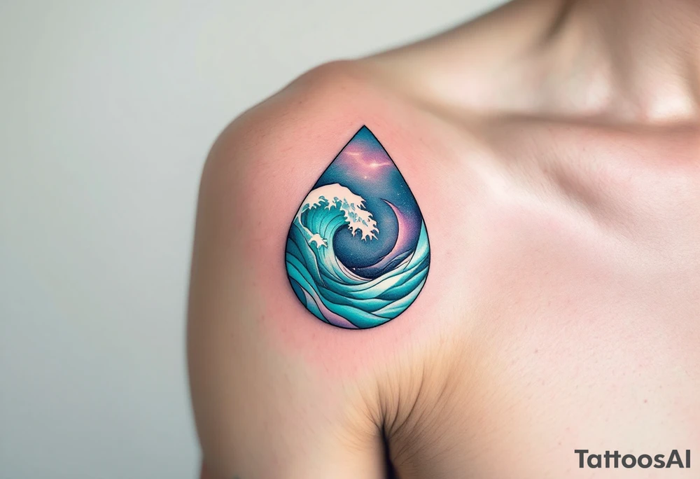 A teardrop shape filled with abstract, flowing waves in shades of turquoise, ocean blue, and soft white highlights. The design represents emotional depth and fluidity, with the colors symbolizing calm, peace, and emotional release. tattoo idea