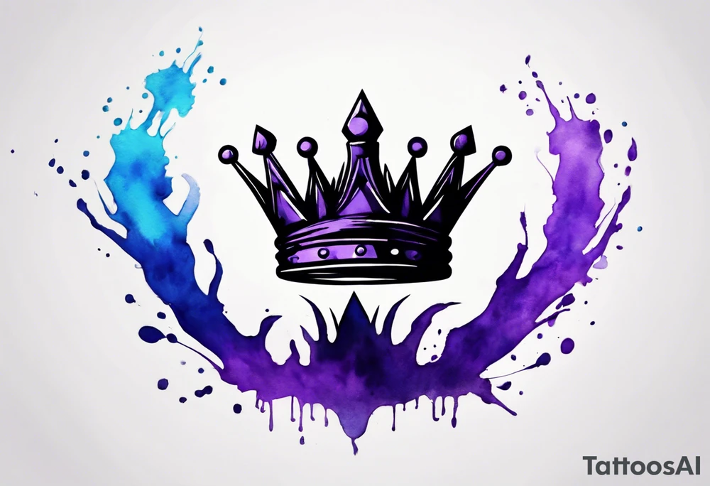 A tattoo of a minimalistic black crown and some negative space on a water color background of purple and blue. tattoo idea