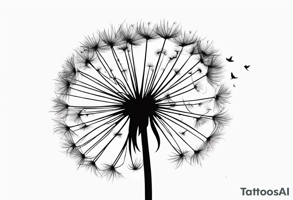 Dandelion with its ligules blowing away, a few legs are tiny hearts, the girls turn into a little bird, flying away to its future tattoo idea