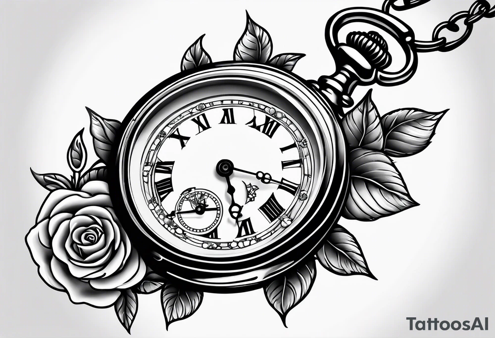 Pocket watch with chain and roses tattoo idea