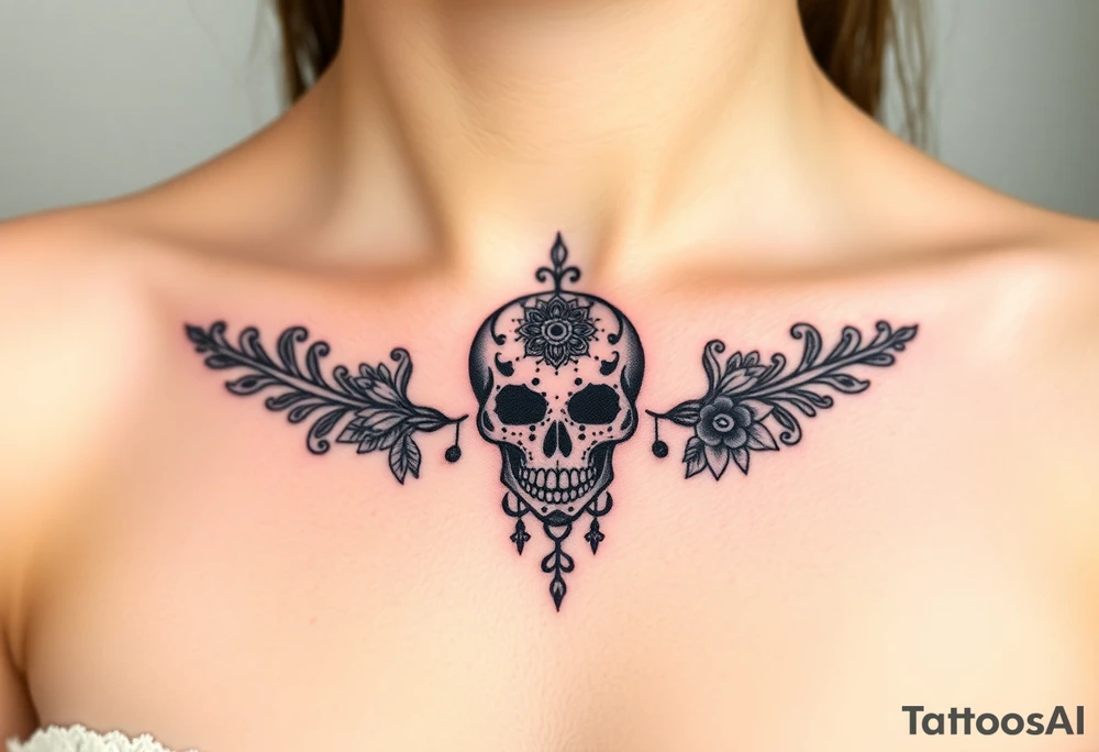 Stunning sternum tattoo with lace and elegant mandala skull tattoo idea