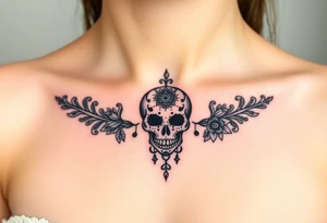 Stunning sternum tattoo with lace and elegant mandala skull tattoo idea