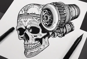 Powerful skull and engine, in this appears a piston and a turbo, also the dseign must be vertical. Also, the desing must be minimalistic not saturated. Remember the vertical proportion of the design tattoo idea