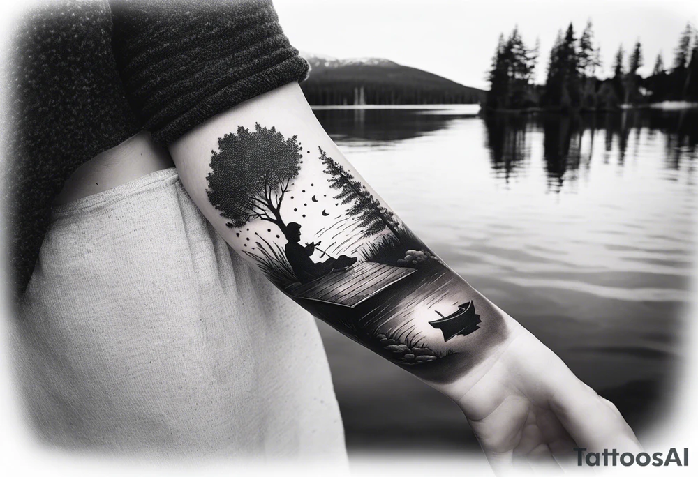 forearm tattoo set on a lake. At the bottom of the tattoo there is a dock with a little boy fishing and a little girl reading. There are trees surrounding the lake. tattoo idea