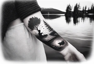 forearm tattoo set on a lake. At the bottom of the tattoo there is a dock with a little boy fishing and a little girl reading. There are trees surrounding the lake. tattoo idea