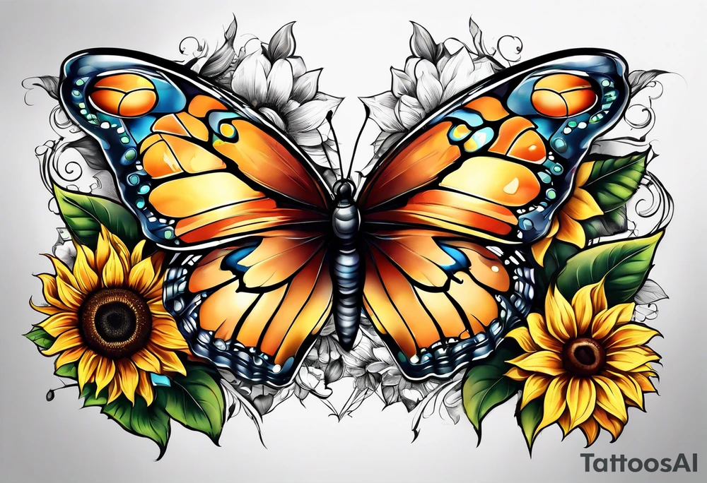 Sleeve with butterflies and sunflowers tattoo idea