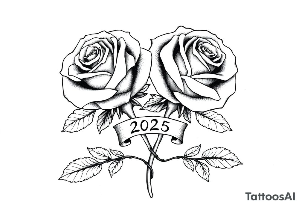 two big beautiful rose buds with leaves and separated by their intertwined cascading stems, with a small banner with the year "2025" on it, tying them together.  Add the following word "Rose" written in Kanji above the drawing. tattoo idea