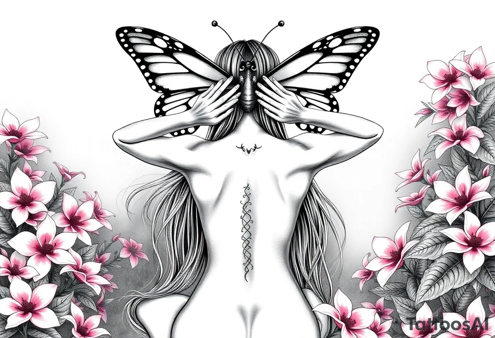 Women whos hands are to her ears with her long hair flowing in the wind and dow. Her back while the is kneeling naked on her knees in a beautiful garden surrounded by pink plumeria surrounding her the women has both  her hands covering both her ears and above her a big beautiful butterfly that's right above her head so the butterflys wings covers only cobers her eyes not her nose or mouth or and does cover her hands to her ears the butterfly lower part of its wings is  like a blind fold and her lips and sown shut tattoo idea