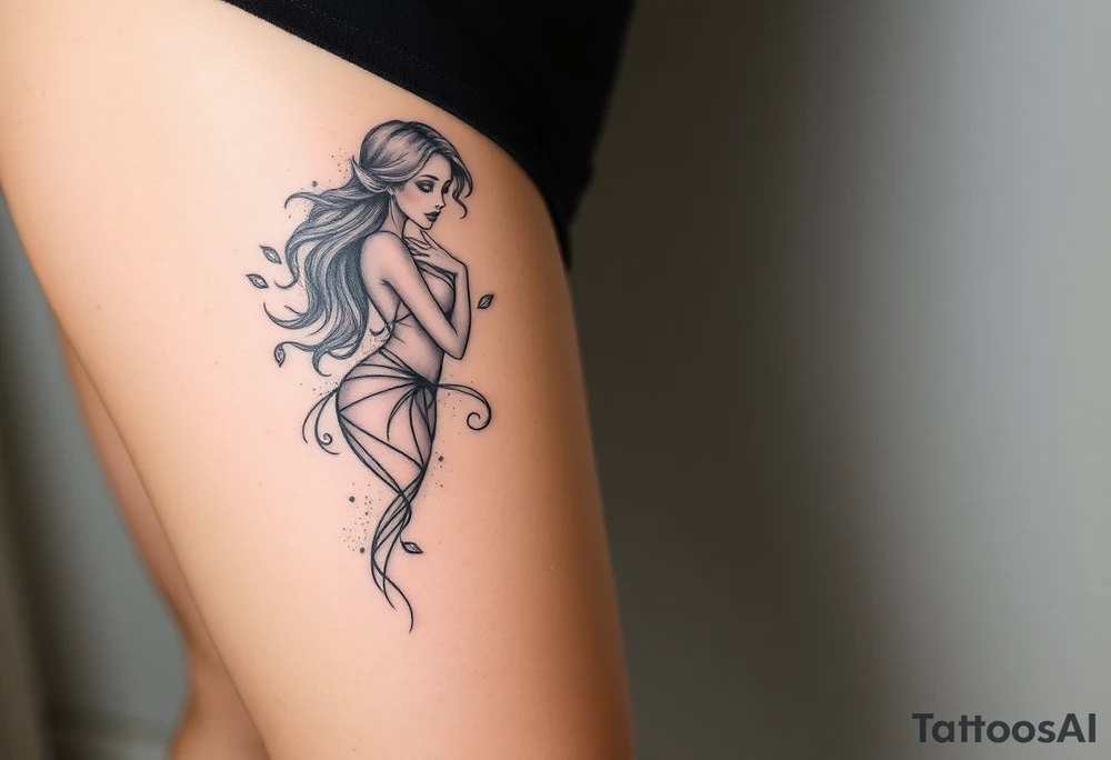 Full thigh tattoo with a sexy fantasy girl tattoo idea