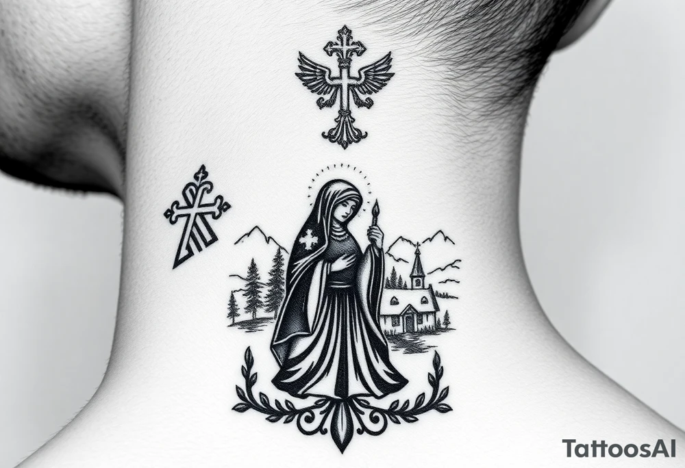 Traditional authentic Russian coat of arms with a Christian orthodox virgin marry in the middle and silhouette in a Russian wilderness Christian orthodoxy village setting tattoo idea