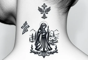 Traditional authentic Russian coat of arms with a Christian orthodox virgin marry in the middle and silhouette in a Russian wilderness Christian orthodoxy village setting tattoo idea