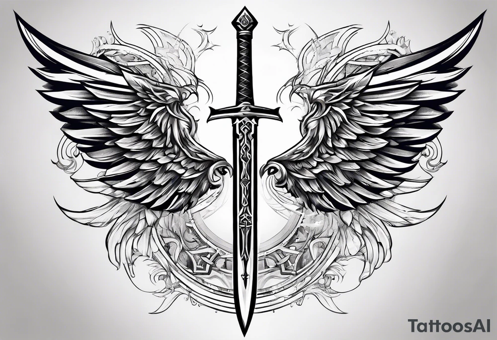 Sword with cyber sigilism wings tattoo idea
