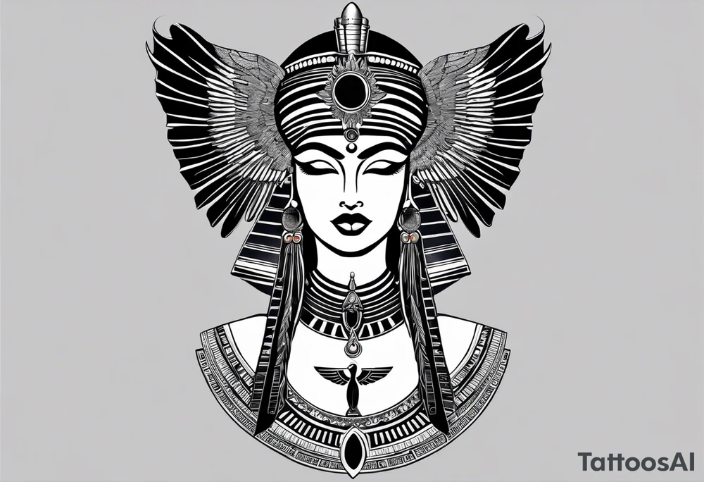 black and white Egyptian goddess Isis, who is often depicted as a woman with outstretched wings, holding an ankh (a symbol of life) in one hand and a lotus flower in the other. Her headdress often includes a throne or a solar disk. The tattoo design can vary in style and size, but it typically aims to capture the essence of this revered Egyptian deity, emphasizing her beauty, power, and maternal qualities. The choice of colors and additional elements can also be customized to create a unique and visually striking representation of the goddess Isis tattoo idea
