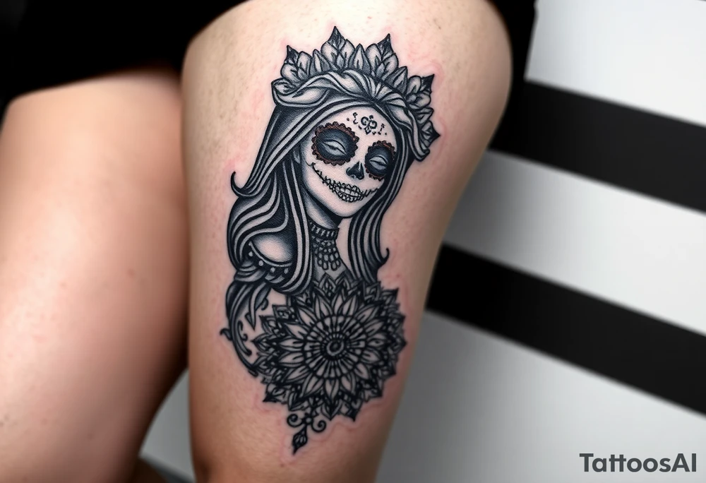 La Catrina in Chicano style on the thigh connected with a mandala on the knee tattoo idea