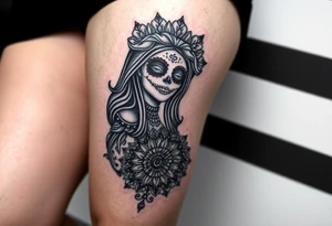 La Catrina in Chicano style on the thigh connected with a mandala on the knee tattoo idea