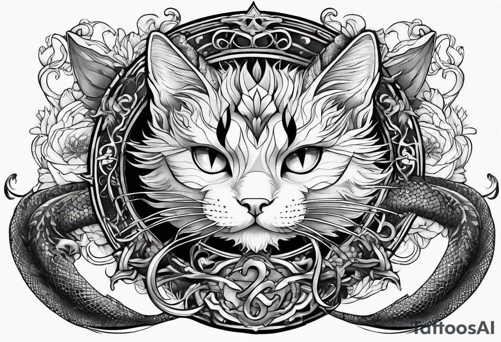 long horizontal tattoo with dragon and a cat tattoo idea