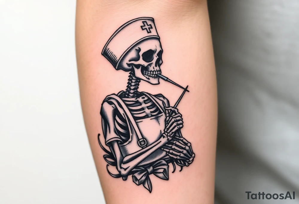 Skeleton 
 nurse with nurse hat and a needle in an elaborate vintage cameo tattoo idea