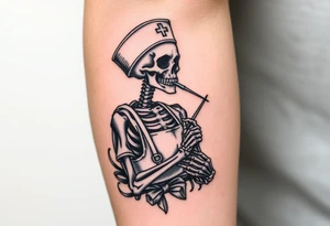 Skeleton 
 nurse with nurse hat and a needle in an elaborate vintage cameo tattoo idea