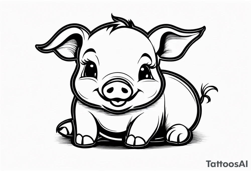 very cute chubby happy piglet.
outline only.
black and white only.
only show the piglet. no extra lines or decoration.
no black shading.
dont make the ears too big.
draw very thin lines tattoo idea