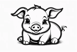 very cute chubby happy piglet.
outline only.
black and white only.
only show the piglet. no extra lines or decoration.
no black shading.
dont make the ears too big.
draw very thin lines tattoo idea