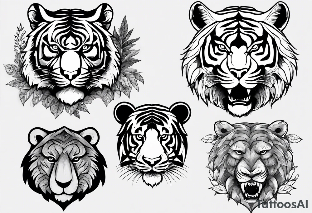 Tiger and bear chest tattoo both on different pecs. They are in a cloudy forest with fierce warriors. Number 14 is in the sternum tattoo idea