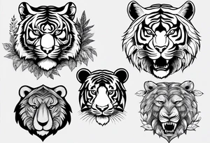 Tiger and bear chest tattoo both on different pecs. They are in a cloudy forest with fierce warriors. Number 14 is in the sternum tattoo idea
