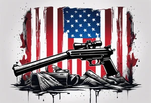 Distressed American flag behind a cross with 2 guns leaned on it simpler tattoo idea